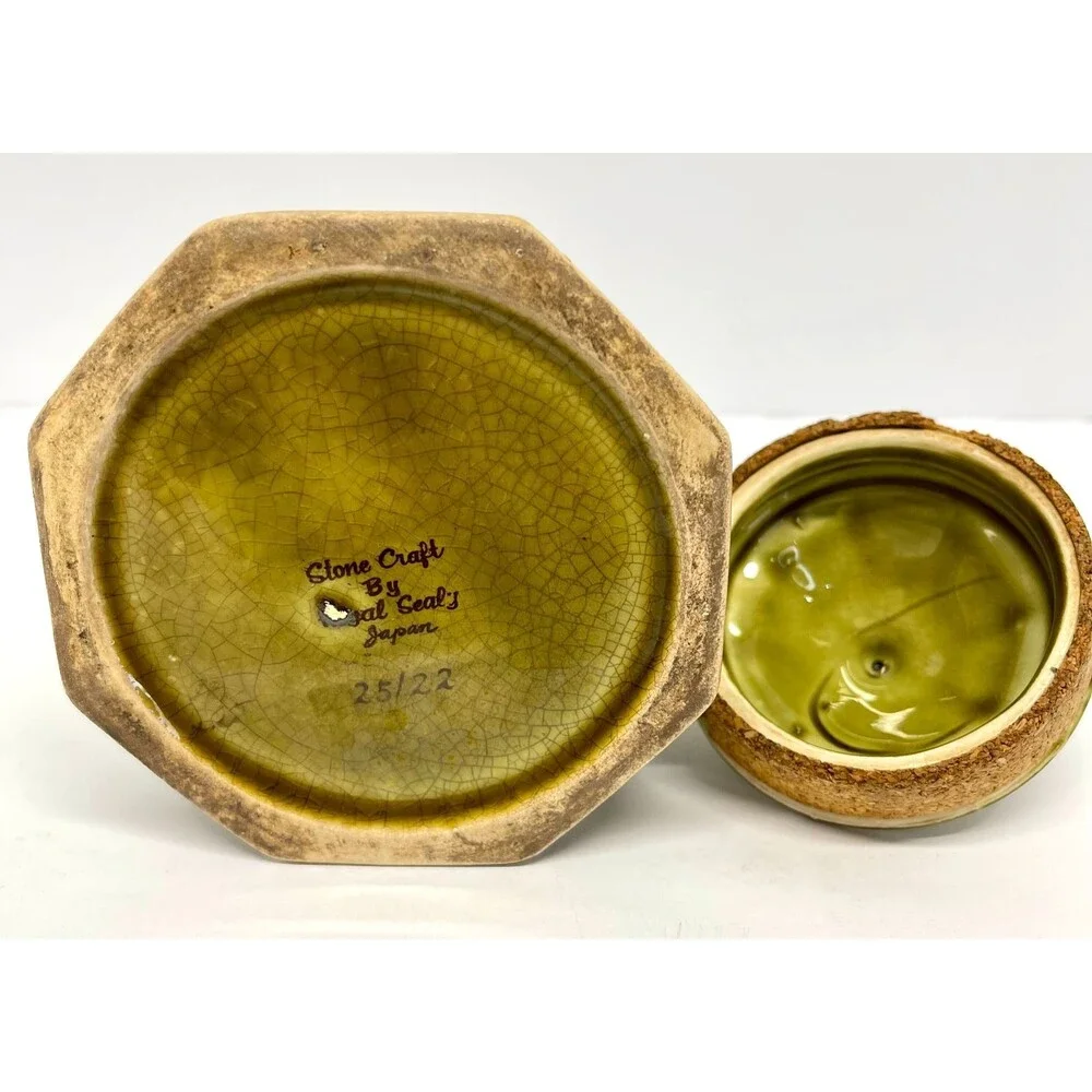 Vintage Stone Craft Royal Sealy Japan Green Tea Set 4 Pc Hexagonal-Olive Green